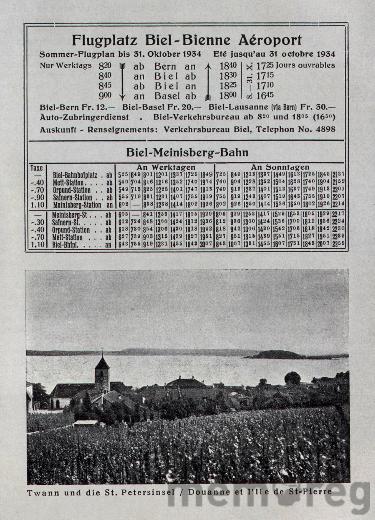 Horaire pour l'aéroport de Bienne, en 1934